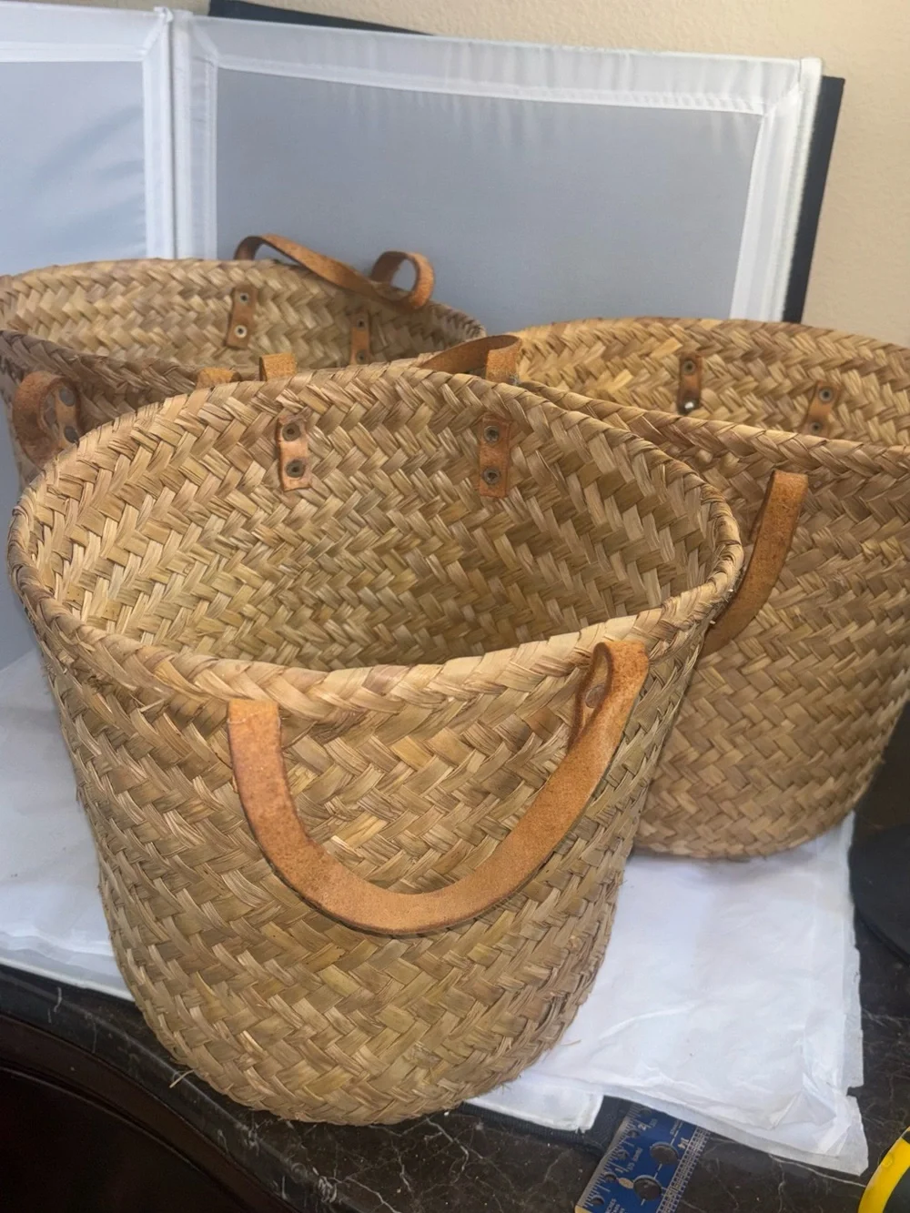 3 vintage Handwoven Straw Tote Bag with Leather Handles - Natural